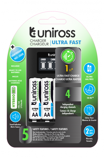 Uniross UCU005A Ultra Fast Charger With 4x AA 2700 NIMH Batteries