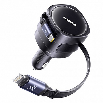 Baseus Car Charger 60W Enjoyment with Retractable Cables (C+C)  Black