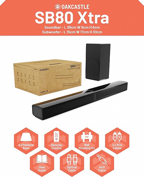 Majority Soundbar SB80 XTRA Split 2in1 Bar/Speakers 200W 2.1 with Sub,BT,HDMI,USB (Oakcastle)