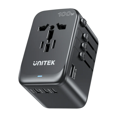 Unitek World Travel Adapter & 100W Charger EU/UK/US 4xUSBC+1xUSBA P1123ABK