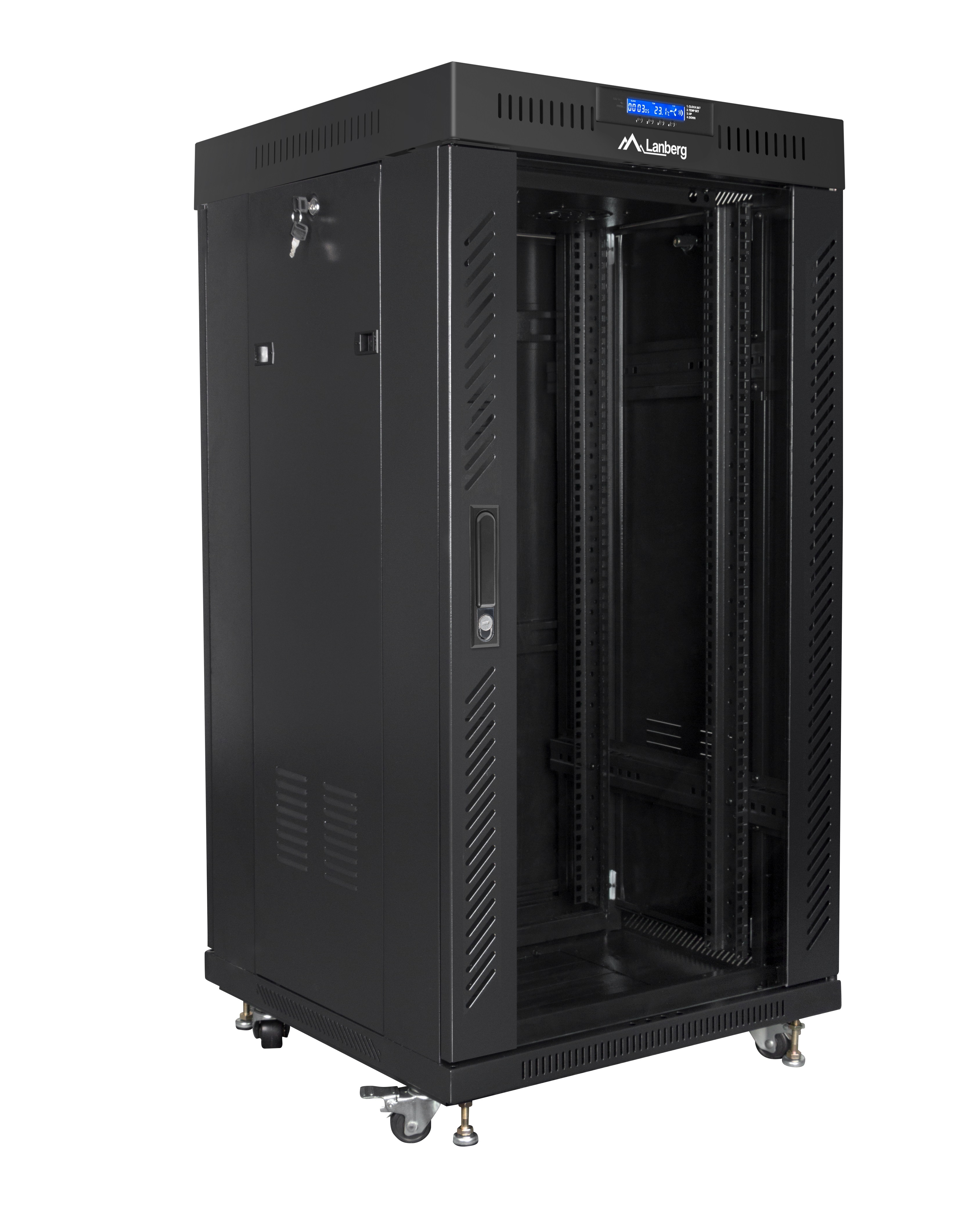 Lanberg Free Standing Cabinet 19 with Glass Door 22U 60cm Ventilation Panel with LCD, 2 Fans & Thermostat Black (not assembled)