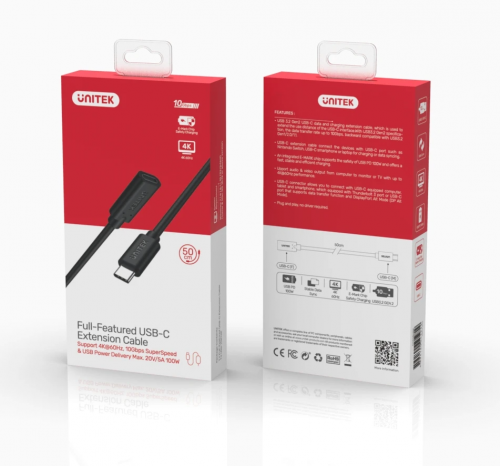 Unitek C14086BK USB3.2 USB-C Male to USB-C Female Extension Cable PD100W 50cm
