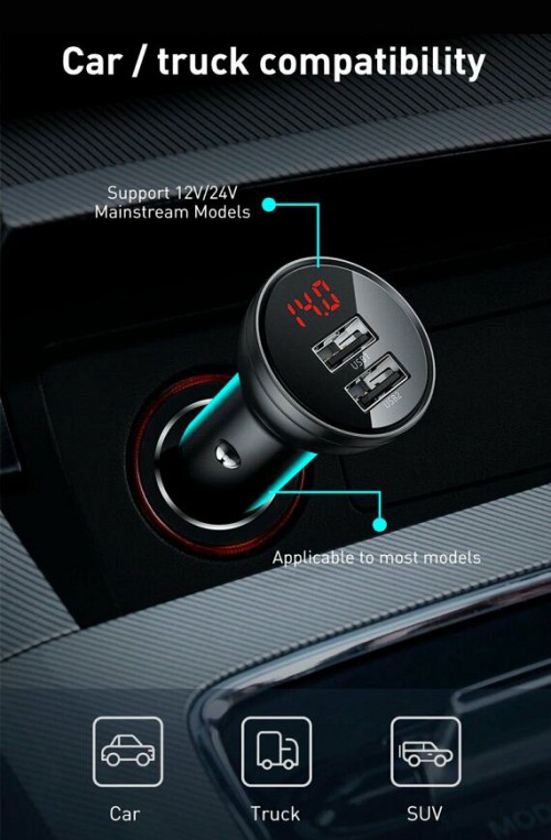 Baseus Digital Display Dual USB 24W Car Charger Black