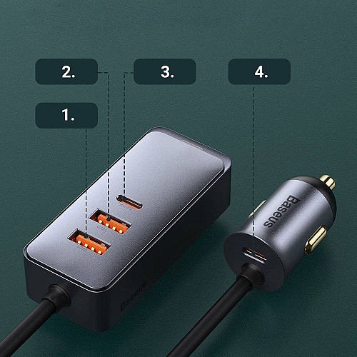 Baseus CCBT-A0G Multi Port USBA+USBC Car Charger with Extension Cord