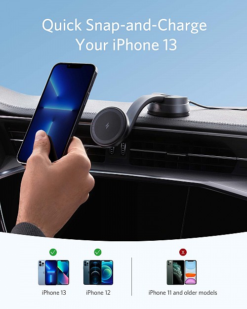 Anker PowerWave Mag-Go Car Wireless Charging Kit with 2-Port Car Charger & USB-C to USB-A 1.5m Cable
