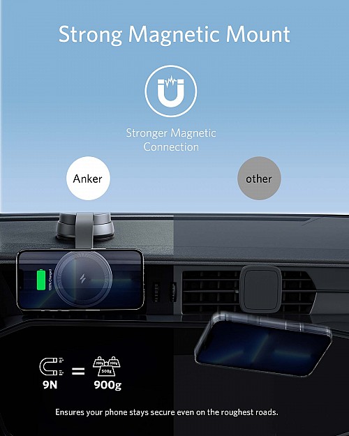 Anker PowerWave Mag-Go Car Wireless Charging Kit with 2-Port Car Charger & USB-C to USB-A 1.5m Cable