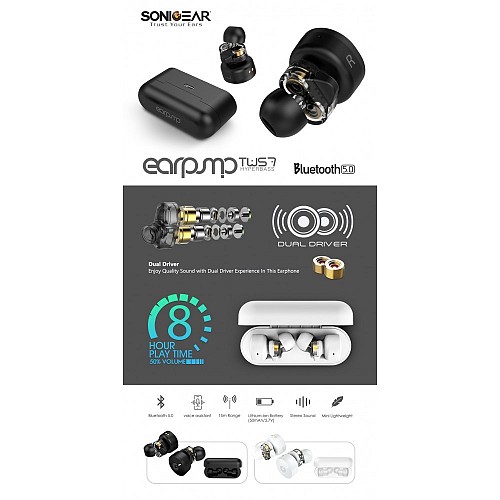 SonicGear HYPERBASS TWS 7 Dual Driver Sweatproof Earphones Black
