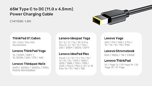 Unitek UCL USB-C to DC Cable 1.8m 65W for Lenovo 11x4.5mm C14115BK