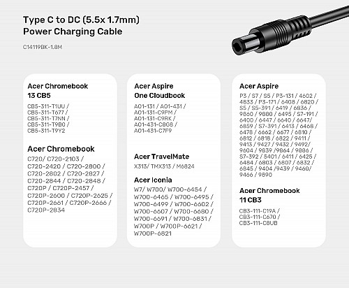 Unitek UCL USB-C to DC Cable 1.8m 65W for Acer 5.5*1.7mm C14119BK