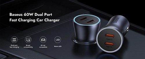 Baseus Golden Contactor Max Car Charger C+C 60W Dark Gray
