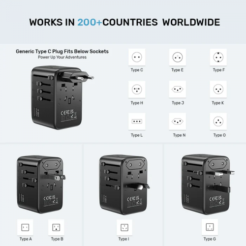 Unitek World Travel Adapter & 100W Charger EU/UK/US 4xUSBC+1xUSBA P1123A