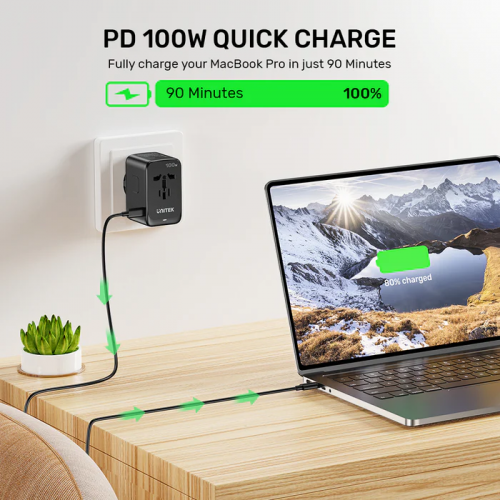 Unitek World Travel Adapter & 100W Charger EU/UK/US 4xUSBC+1xUSBA P1123A