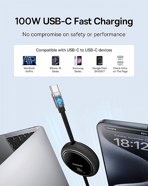 Baseus Cable USB-C to USB-C Free2Draw Retractable Cable 100W 1m  Black