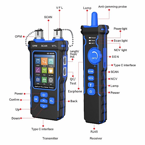 Noyafa Multi-Function Cable Tester with RJ11/RJ45, PoE, Fiber Optic OPM/VFL, NCV & Cable Length Measurement NF-8508