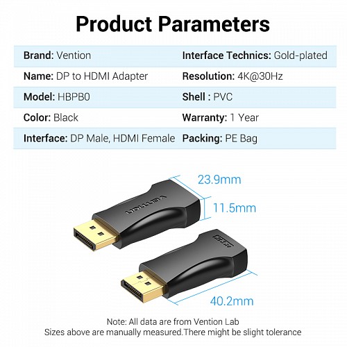 Vention DisplayPort Male to HDMI Female Adaptor 4K HBPB0