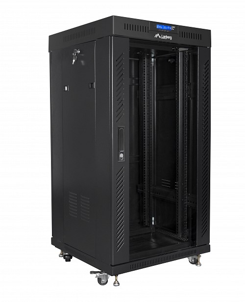Lanberg Free Standing Cabinet 19 with Glass Door 22U 60cm Ventilation Panel with LCD, 2 Fans & Thermostat Black (not assembled)