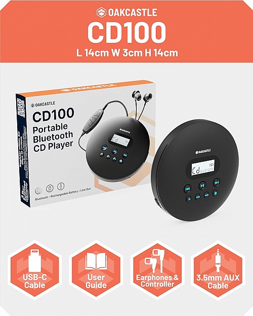 Majority Oakcastle CD100 Portable & USB-C Rechargeable CD Player with Bluetooth incl Free Earphones
