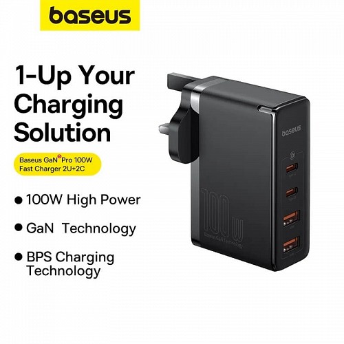 Baseus Charger Wall 100W 2xUSB-C 2xUSB-A UK+100W USB-C Cable Black