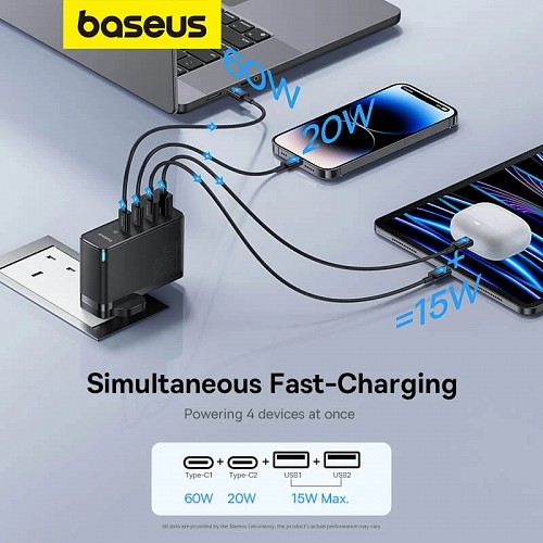 Baseus Charger Wall 100W 2xUSB-C 2xUSB-A UK+100W USB-C Cable Black