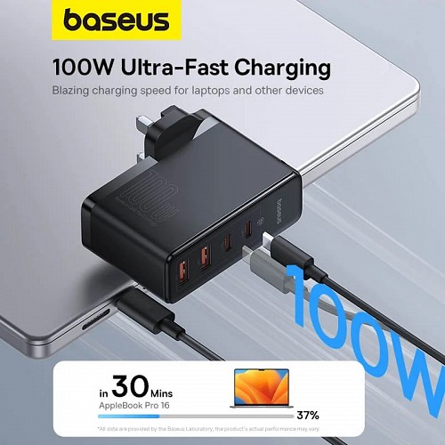Baseus Charger Wall 100W 2xUSB-C 2xUSB-A UK+100W USB-C Cable Black