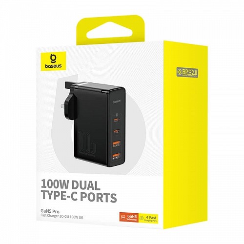 Baseus Charger Wall 100W 2xUSB-C 2xUSB-A UK+100W USB-C Cable Black