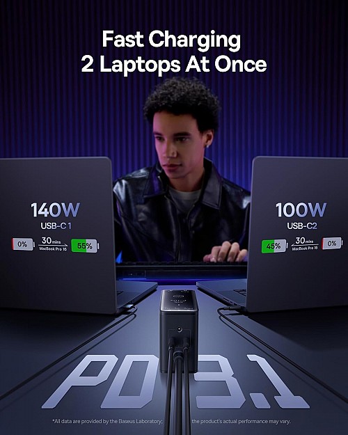 Baseus Desktop Charger 240W 3C+U+DC Touch Display & App Control incl 240W Charging Cable - Can Charge two Laptops at the same time