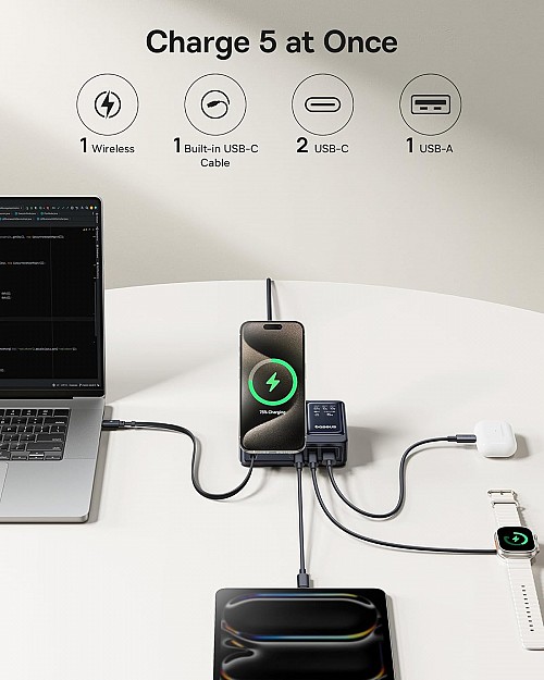 Baseus NOMOS 5in1 Desktop 140W Wired & Wireless Charger Qi2 3xUSBC+1A with LED Display UK Plug