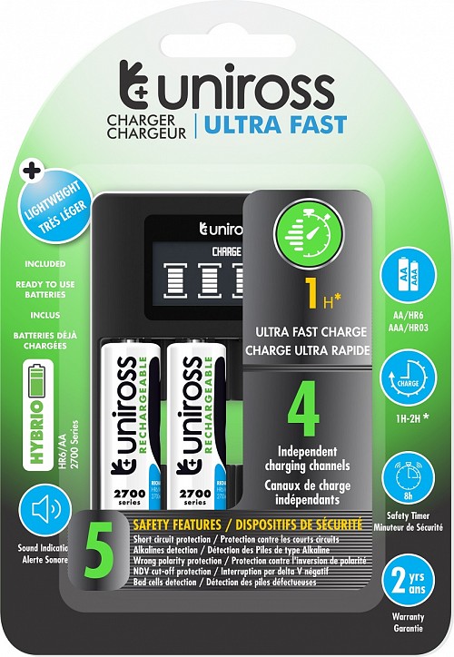 Uniross UCU005A Ultra Fast Charger 1hr for AA/AAA Incl 4xAA 2700 Batteries