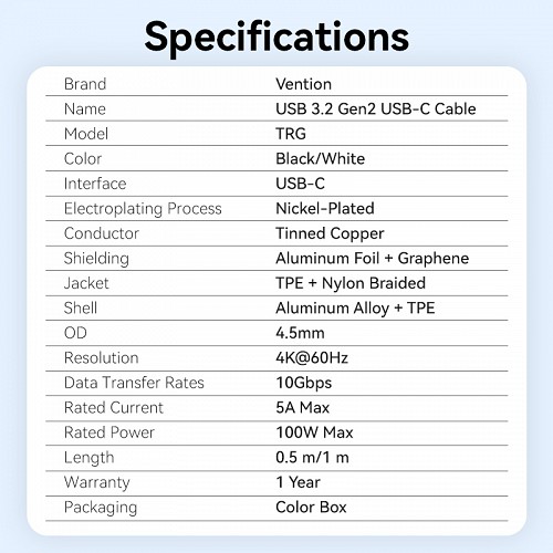 Vention IT Cable USB-C 3.2 Gen2 M-M 1.0m Braided Aluminum Black TRGBF