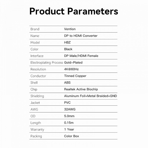 Vention DisplayPort to HDMI Adaptor Male to Female 4K60Hz 0.15M HBZBB
