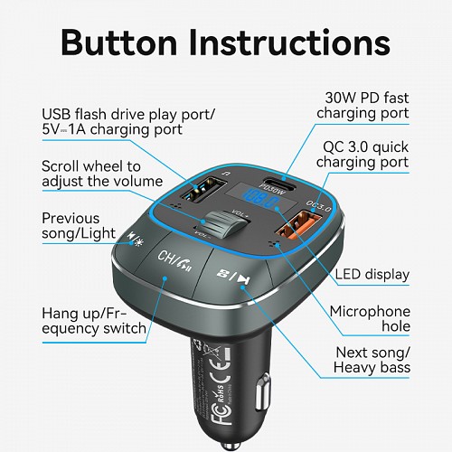 Vention Car FM Transmitter, USB Music Player & Charger 3xUSB 30W/18W/5W FFLB0