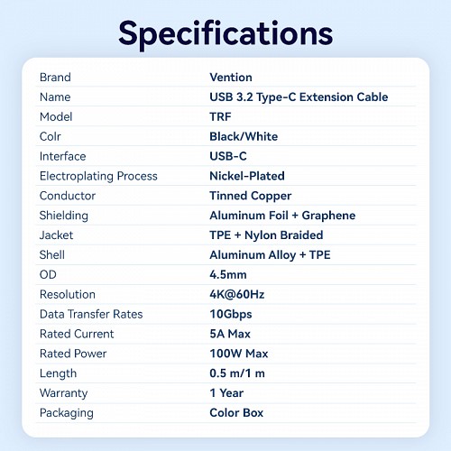 Vention IT Cable USB-C 3.2 Gen2 M-F 0.5m Braided Aluminum Black TRFBD