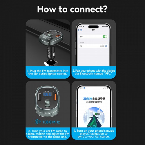 Vention Car FM Transmitter, USB Music Player & Charger 3xUSB 30W/18W/5W FFLB0