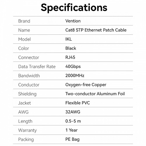 Vention NETWORK Cable Cat8 SFTP Rotate Right Angle Slim 5.0m Black IKLBJ