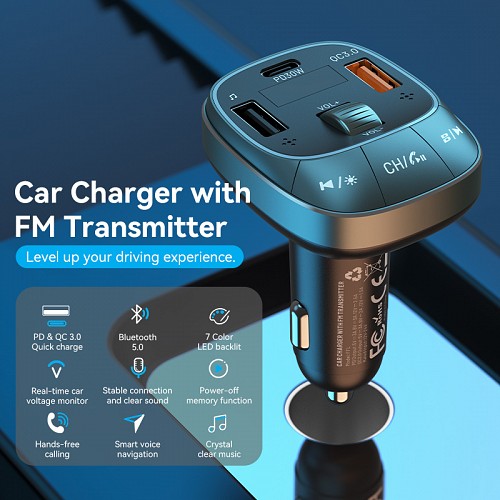 Vention Car FM Transmitter, USB Music Player & Charger 3xUSB 30W/18W/5W FFLB0
