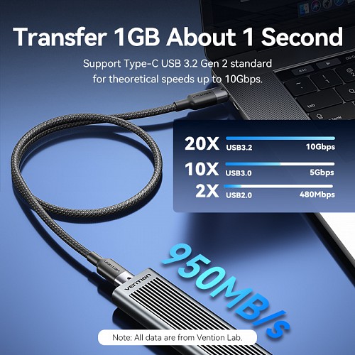 Vention IT Cable USB-C 3.2 Gen2 M-M 1.0m Braided Aluminum Black TRGBF