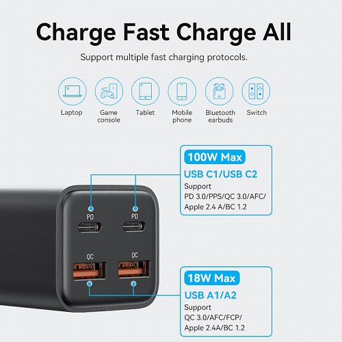 Vention Charger Desktop Station 100W 2xC 2xA+240W Cable Black FBSBG-UK