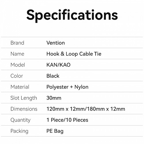 Vention Cable Organiser Hook & Loop Cable Tie 120mm 10 Pcs KANB0-10