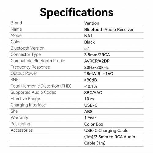 Vention AUDIO Bluetooth Receiver 3.5mm/2RCA NAJB0