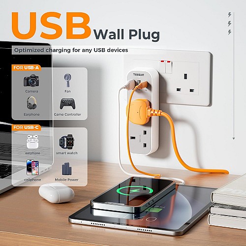 Tessan 2-Gang plug Through UK Charger 2 USB A USB C 13A TS-222-C