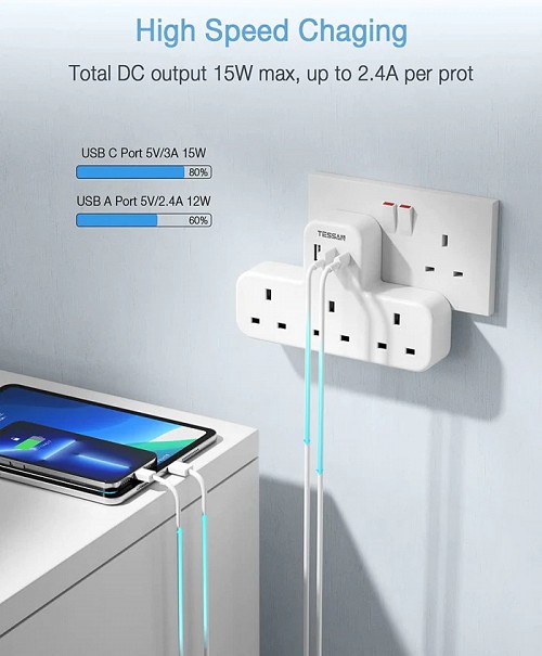 Tessan 3-Gang plug Through UK Charger 2 USB A USB C 13A TS-223-C