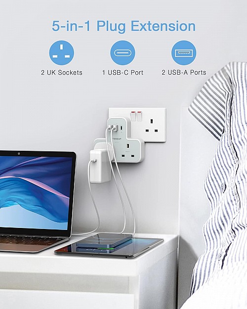 Tessan 2-Gang plug Through UK Charger 2 USB A USB C 13A TS-221-C