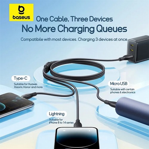 Baseus Cable 3in1 USB-C/Micro/Ligh Ultra Fast Series 1.3m Black