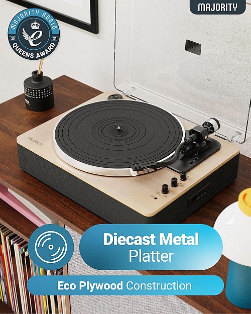 Majority Turntable FOLIO Stereo Speakers, AT3600L Cartridge & Pitch Control