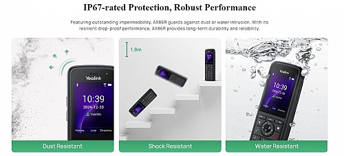 Yealink IP Phone Cordless Wi-Fi 6 Handset Ruggedized IP67 Roaming Dual Band with Bluetooth AX86R
