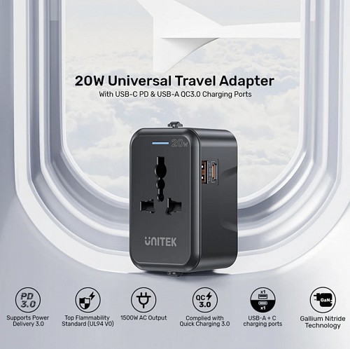 Unitek P1120A Universal Travel Charger 20W USBC+USBA Black