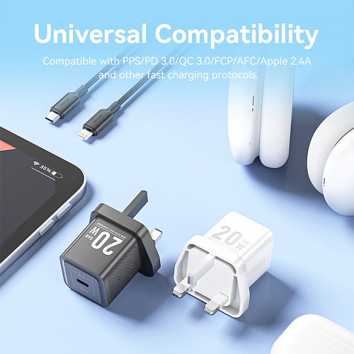 Vention Charger Wall GaN 20W 1xUSBC UK+Lightning Cable White FEPW0