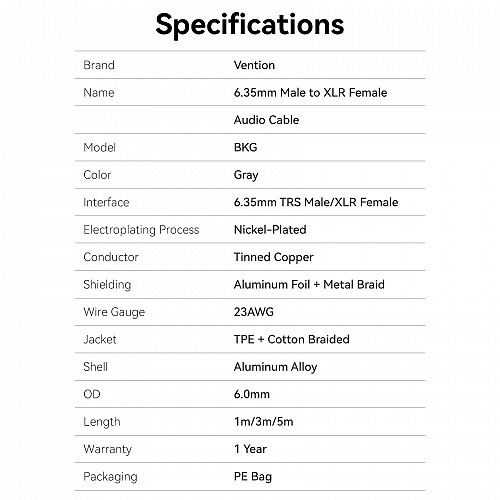 Vention AUDIO 6.3mm to XLR M-F Cable Braided-Metal 1.0m BKGHF