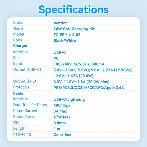 Vention Charger Wall GaN 20W 1xUSBC UK+Lightning Cable White FEPW0