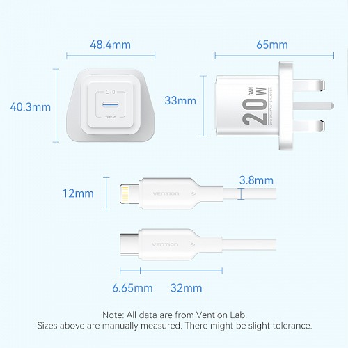 Vention Charger Wall GaN 20W 1xUSBC UK+Lightning Cable White FEPW0